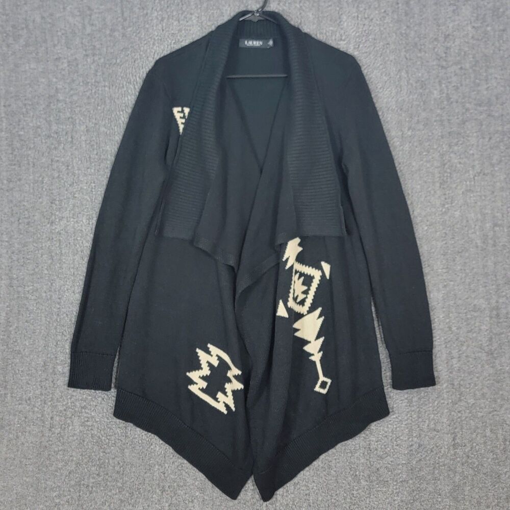 Lauren Ralph Lauren Black Label Cardigan Sweater M Black Tribal Linen Blend